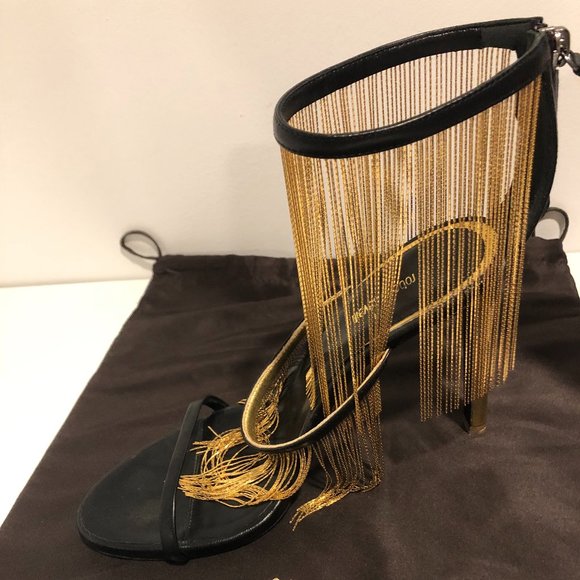 Roberto Cavalli Fringed Metallic Sandals - Picture 2 of 6